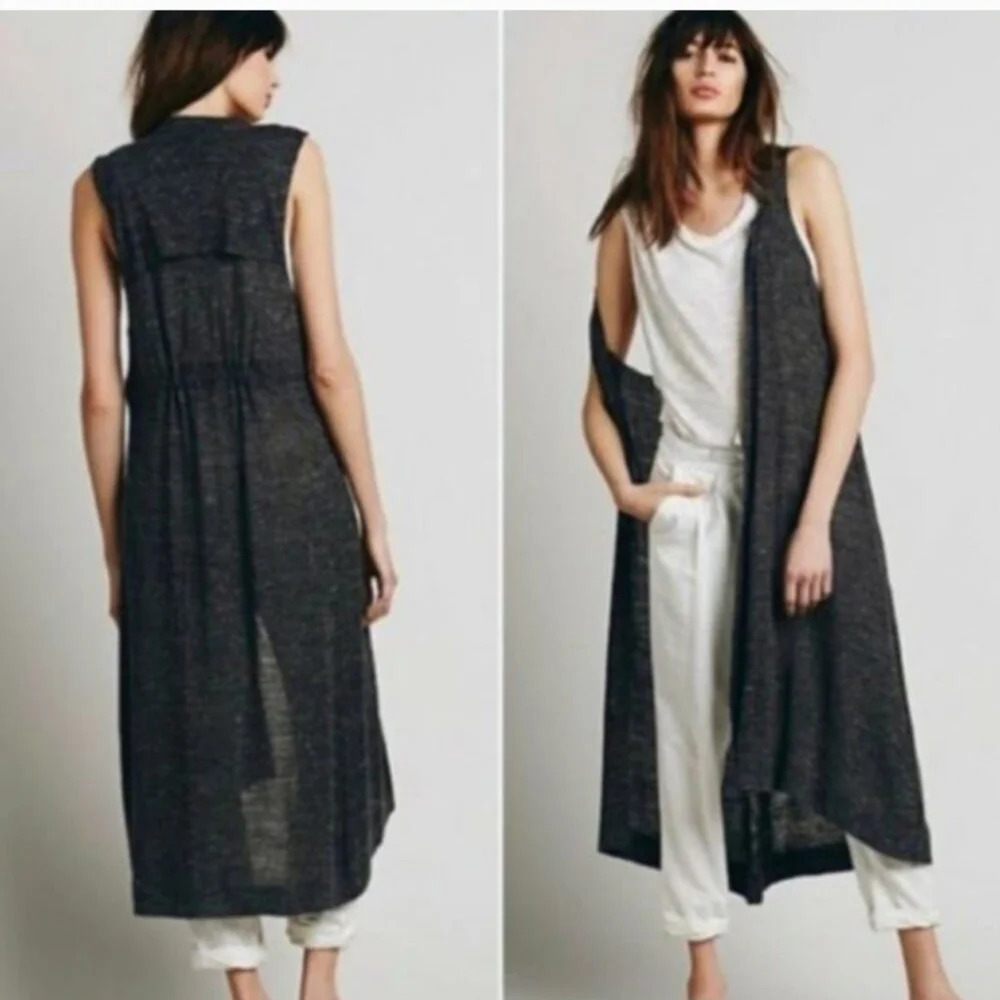 Free People Charcoal Gray Sleeveless Longline Knit Duster Cardigan Size M